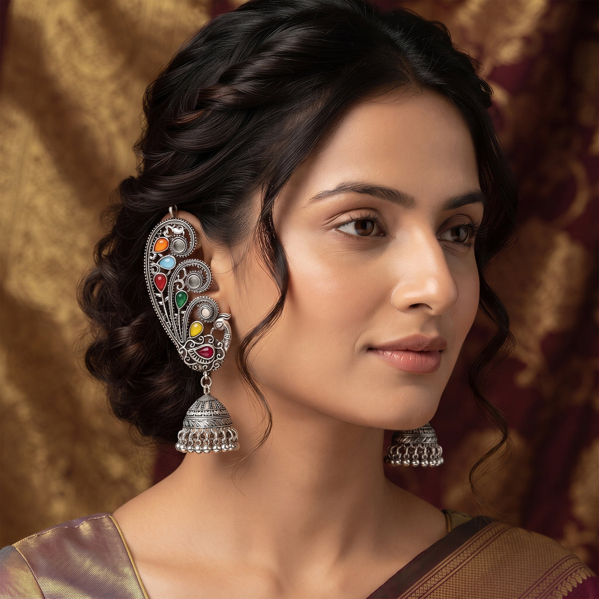 Oxidized Silver-Toned Multicolor Peacock Ear Cuff Jhumki Earrings – Traditional Antique Finish Ear Cuffs with Stone Work for Women & Girls | Navratri Special