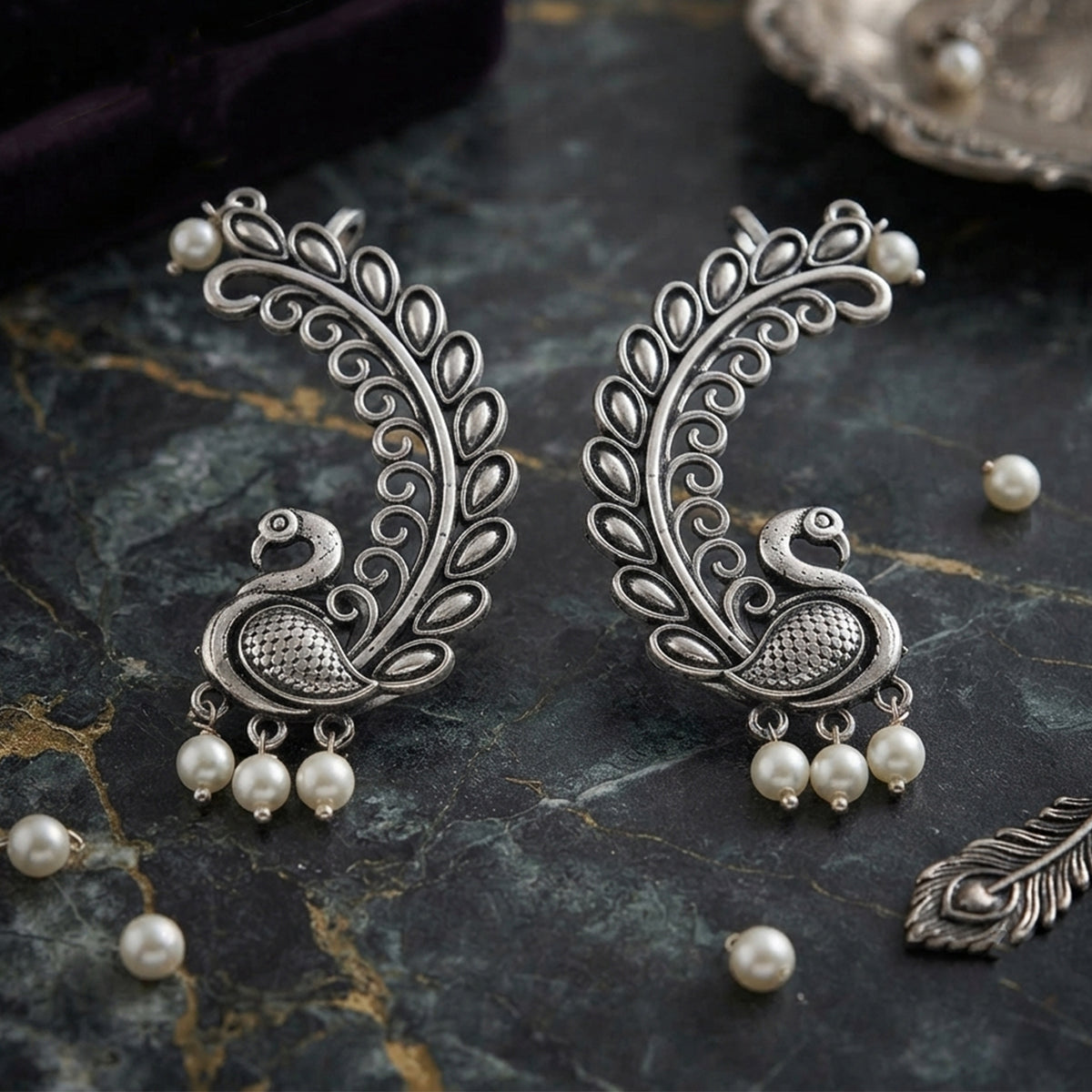 Oxidized Silver-Toned Peacock Ear Cuff Earrings with Pearl Drops – Antique Finish Leaf Pattern Ear Cuffs for Women & Girls | Navratri Special