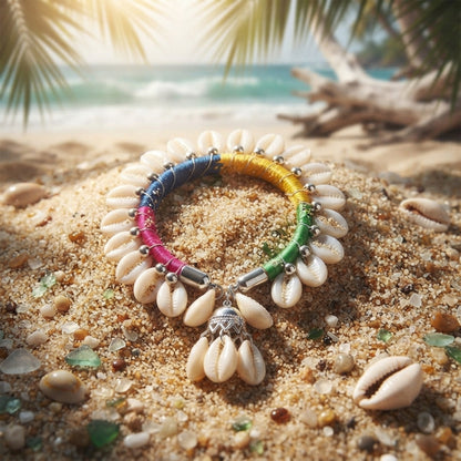 Handmade Cowrie Shell Bracelet for Women – Multicolor Thread Wrapped Boho Kada with Shell Dangler Charm | Navratri Special Ethnic Jewellery