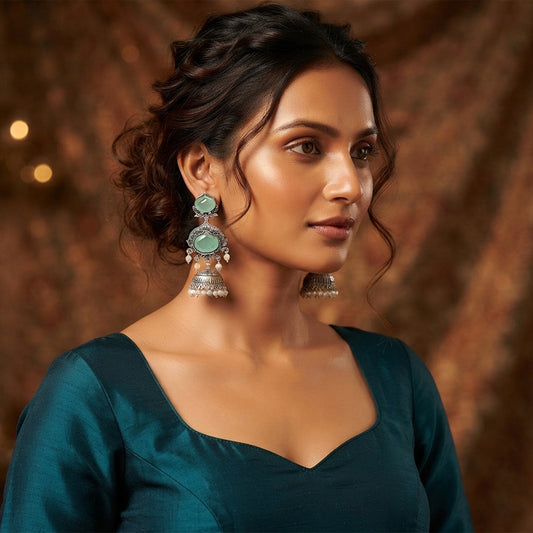 JFL - Jewellery for Less Oxidized Silver-Toned Jhumka Earrings with Mint-Green Stone and Pearl Drops – Traditional Ethnic Jewellery for Women