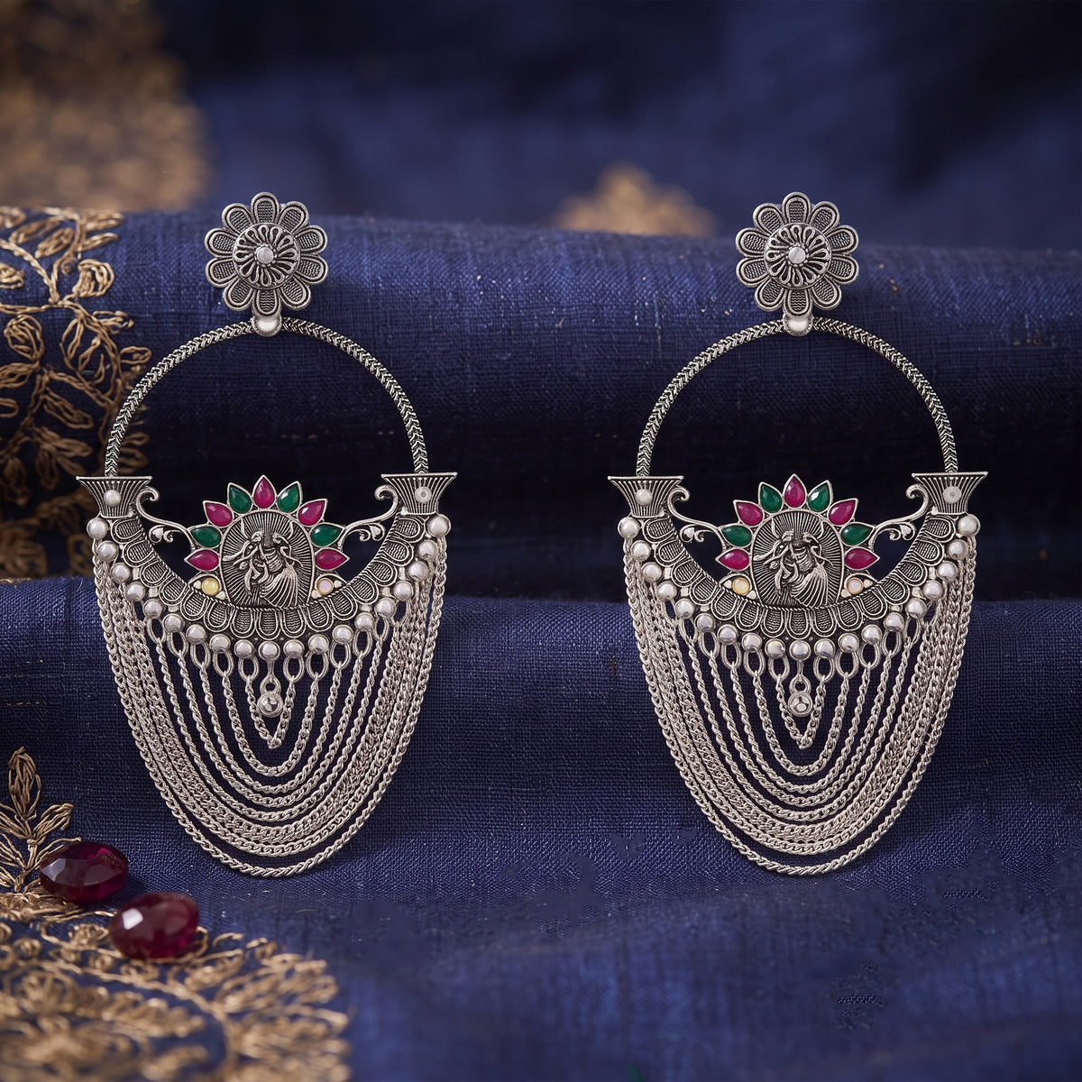 Oxidized Silver-Toned Antique Chandbali Earrings with Pink & Green Stones and Layered Chain Tassels – Traditional Ethnic Jhumki Earrings for Women & Girls | Navratri Special