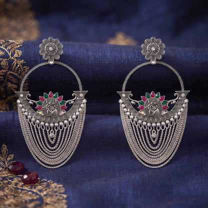 Oxidized Silver-Toned Antique Chandbali Earrings with Pink & Green Stones and Layered Chain Tassels – Traditional Ethnic Jhumki Earrings for Women & Girls | Navratri Special