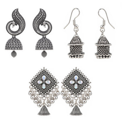 Oxidised Silver Jhumka Earrings Combo Pack of 3 for Women & Girls | Traditional Indian Ethnic Earrings | Jhumka, Peacock & Floral Designs | Festive & Wedding Jewellery