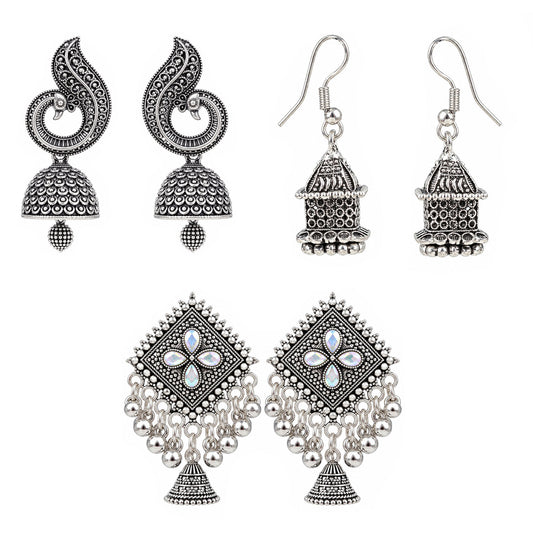 Oxidised Silver Jhumka Earrings Combo Pack of 3 for Women & Girls | Traditional Indian Ethnic Earrings | Jhumka, Peacock & Floral Designs | Festive & Wedding Jewellery