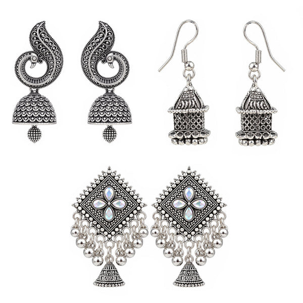 Oxidised Silver Jhumka Earrings Combo Pack of 3 for Women & Girls | Traditional Indian Ethnic Earrings | Jhumka, Peacock & Floral Designs | Festive & Wedding Jewellery