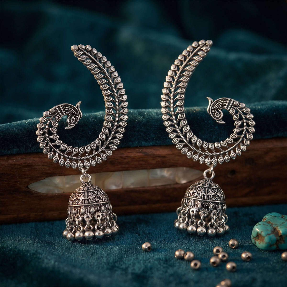 Oxidized Silver-Toned Peacock Ear Cuff Jhumki Earrings – Antique Finish Ear Cuffs with Ghungroo Drops for Women & Girls | Navratri Special