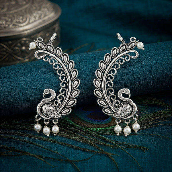Oxidized Silver-Toned Peacock Ear Cuff Earrings with Pearl Drops – Antique Finish Leaf Pattern Ear Cuffs for Women & Girls | Navratri Special
