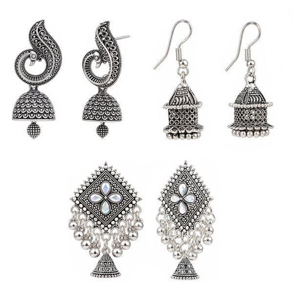 Oxidised Silver Jhumka Earrings Combo Pack of 3 for Women & Girls | Traditional Indian Ethnic Earrings | Jhumka, Peacock & Floral Designs | Festive & Wedding Jewellery