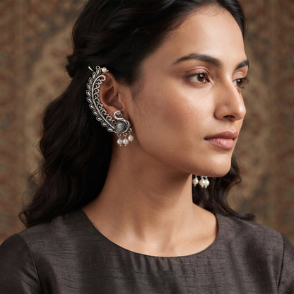 Oxidized Silver-Toned Peacock Ear Cuff Earrings with Pearl Drops – Antique Finish Leaf Pattern Ear Cuffs for Women & Girls | Navratri Special