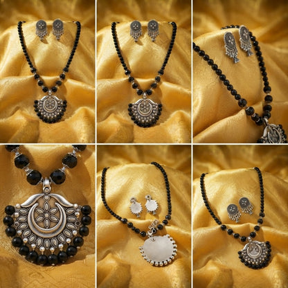 JFL - Jewellery for Less Oxidized German Silver Black Beads Pendant Necklace with Earrings Set for Women | Antique Silver Floral Design Jewellery Set | Navratri Special Traditional Jewellery