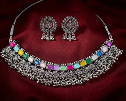 JFL - Jewellery for Less Oxidized German Silver Choker Necklace Set with Earrings – Heavy Floral Multicolor Stone Jewellery Set for Women & Girls, Traditional Bridal Ethnic Combo