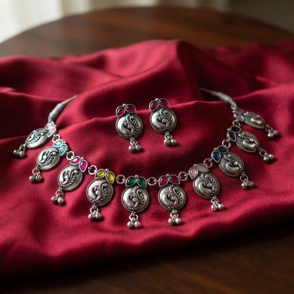 JFL - Jewellery for Less Oxidized German Silver Navratri Necklace Set – Colorful Stone Peacock Design Pendant Jewellery Set for Women & Girls, Traditional Ethnic Antique Silver Combo