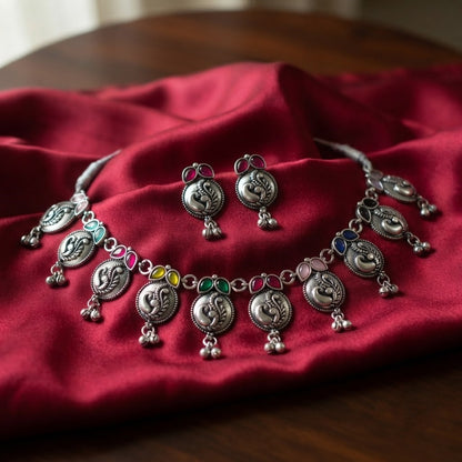 JFL - Jewellery for Less Oxidized German Silver Navratri Necklace Set – Colorful Stone Peacock Design Pendant Jewellery Set for Women & Girls, Traditional Ethnic Antique Silver Combo