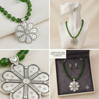 JFL - Jewellery for Less Oxidized Silver Floral Pendant Green Beaded Necklace Earrings Set for Women – Navratri Special Traditional Jewellery Set