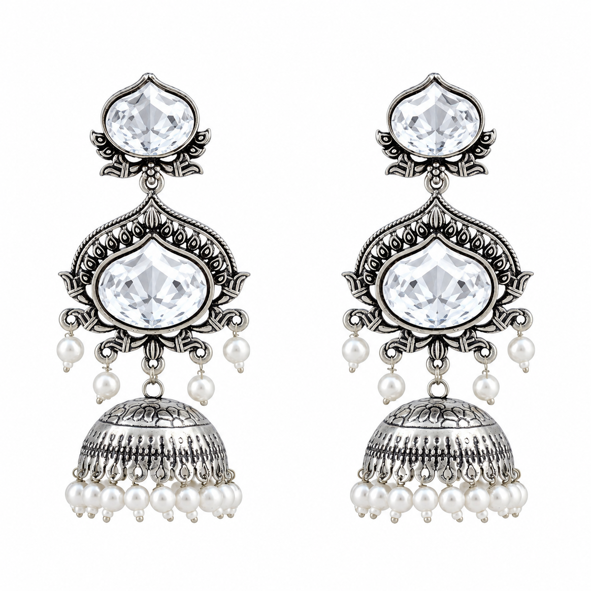 JFL - Jewellery for Less Oxidized Silver-Toned Jhumka Earrings with White Stone and Pearl Drops – Traditional Ethnic Jewellery for Women