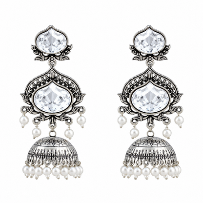 JFL - Jewellery for Less Oxidized Silver-Toned Jhumka Earrings with White Stone and Pearl Drops – Traditional Ethnic Jewellery for Women