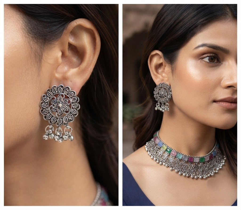 JFL - Jewellery for Less Oxidized German Silver Choker Necklace Set with Earrings – Heavy Floral Multicolor Stone Jewellery Set for Women & Girls, Traditional Bridal Ethnic Combo