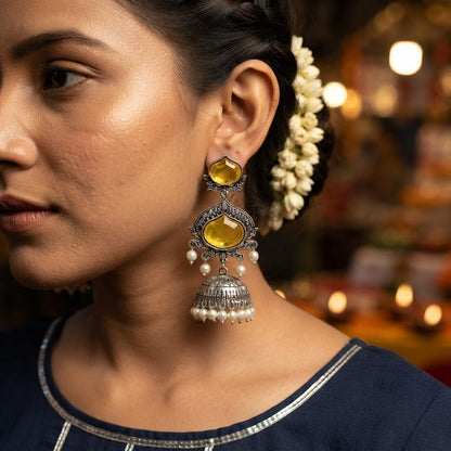 JFL - Jewellery for Less Oxidized Silver-Toned Jhumka Earrings with Yellow Stone and Pearl Drops – Traditional Ethnic Jewellery for Women