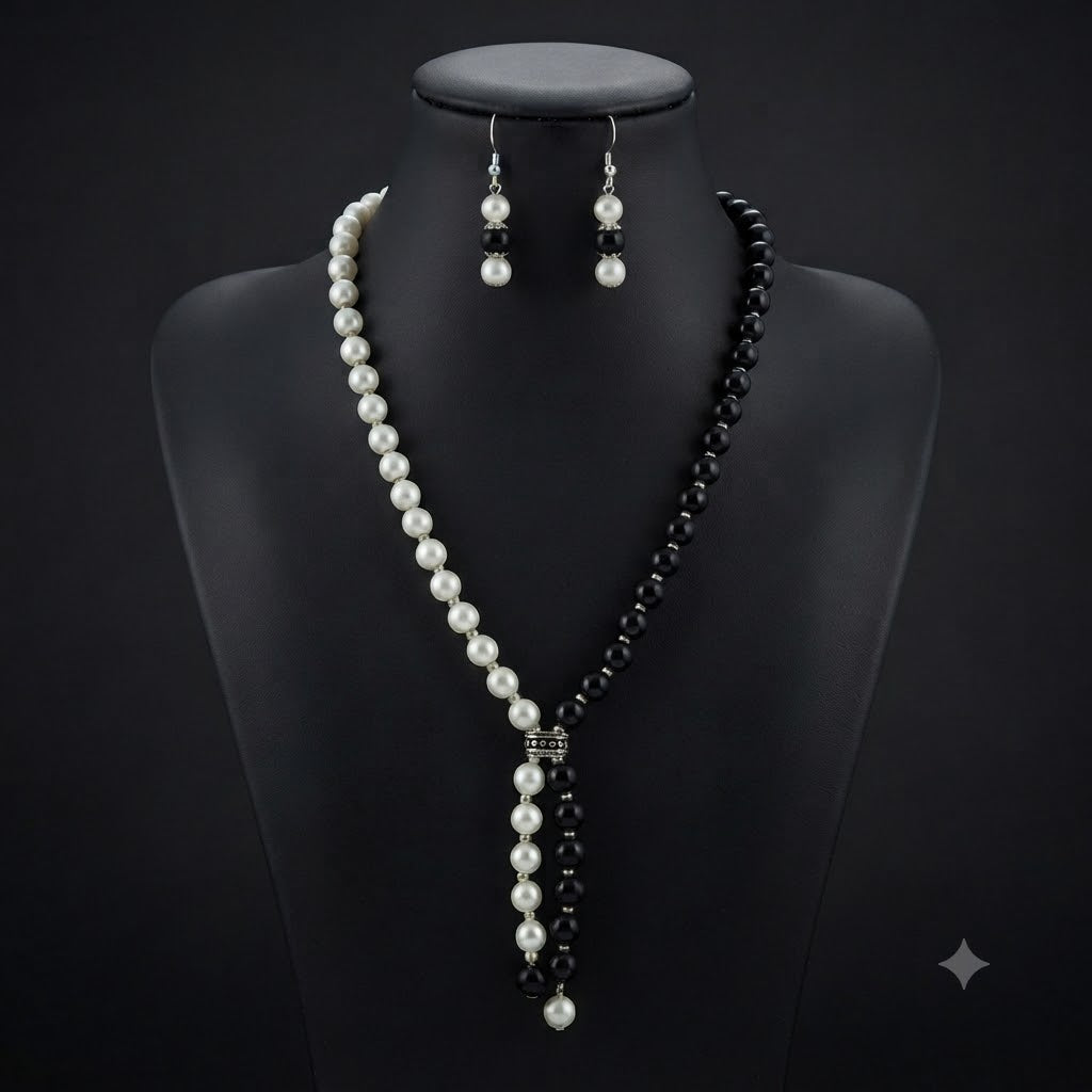 JFL - Jewellery for Less Pearl and Black Bead Asymmetric Necklace Set with Drop Earrings for Women | Oxidized Silver Accent Traditional Ethnic Jewellery | Navratri Festive