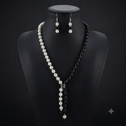 JFL - Jewellery for Less Pearl and Black Bead Asymmetric Necklace Set with Drop Earrings for Women | Oxidized Silver Accent Traditional Ethnic Jewellery | Navratri Festive