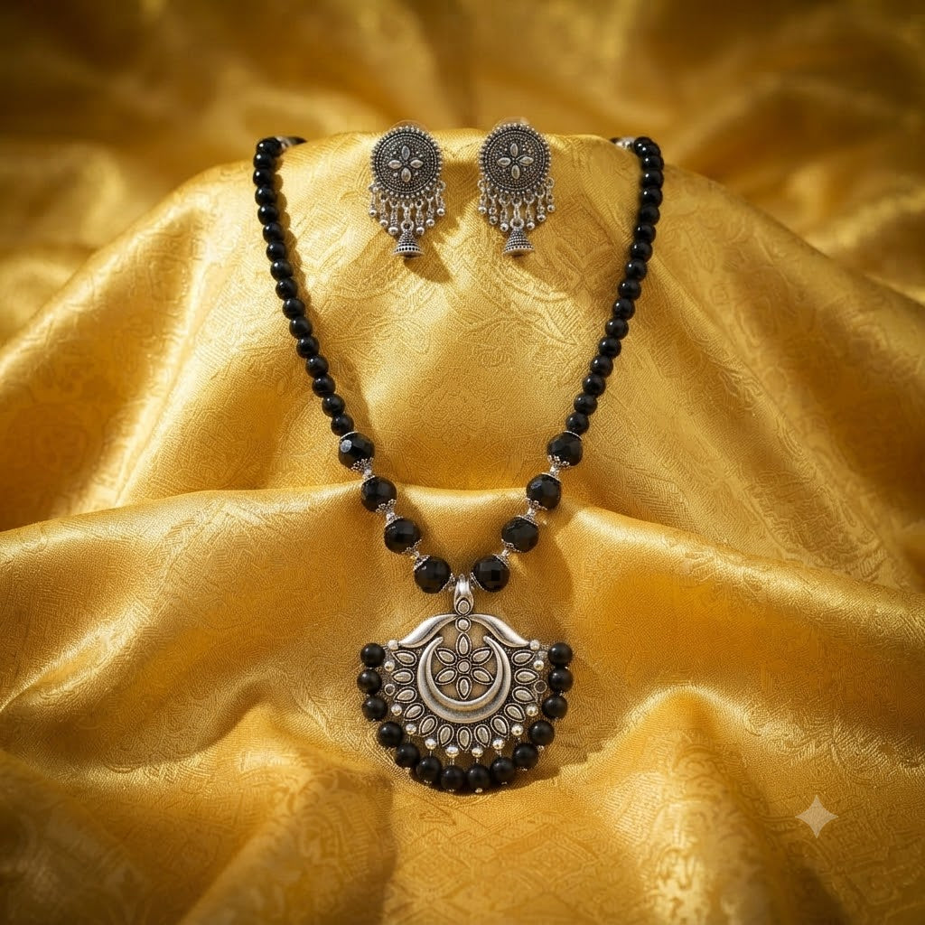 JFL - Jewellery for Less Oxidized German Silver Black Beads Pendant Necklace with Earrings Set for Women | Antique Silver Floral Design Jewellery Set | Navratri Special Traditional Jewellery