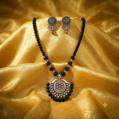 JFL - Jewellery for Less Oxidized German Silver Black Beads Pendant Necklace with Earrings Set for Women | Antique Silver Floral Design Jewellery Set | Navratri Special Traditional Jewellery