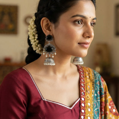 JFL - Jewellery for Less Oxidized Silver-Toned Jhumka Earrings with Black Stone and Pearl Drops – Traditional Ethnic Jewellery for Women