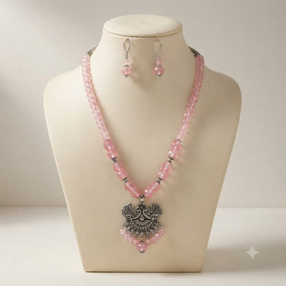 JFL - Jewellery for Less Oxidized German Silver Twin Peacock Pendant Pink Crystal Beads Necklace with Earrings Set for Women | Antique Silver Design Jewellery Set | Navratri Special Traditional Jewellery