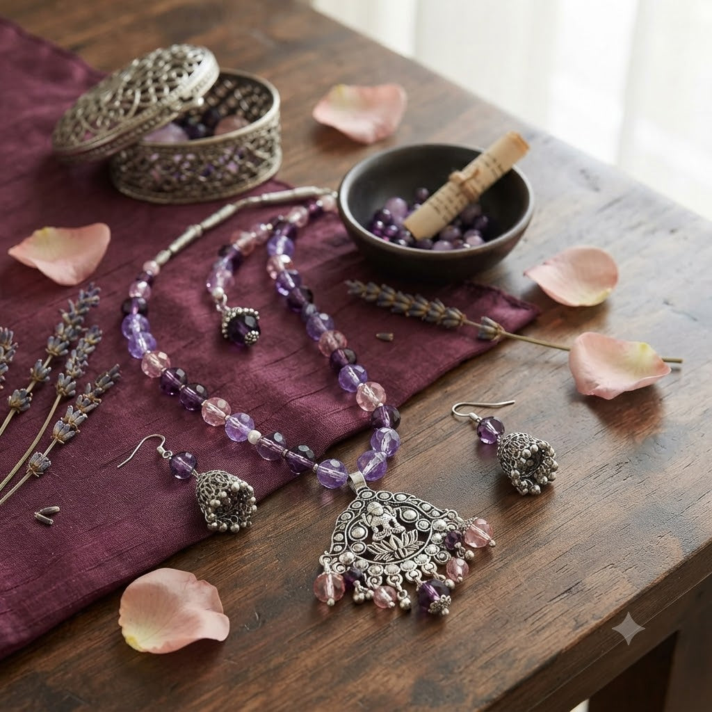 JFL - Jewellery for Less Oxidized Silver Lakshmi Pendant Beaded Necklace Earrings Set – Purple Lavender Peach Crystal Beads Jhumka Earring Jewellery Set for Women & Girls