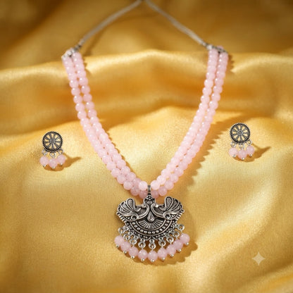 JFL - Jewellery for Less Oxidized German Silver Pink Beads Double Strand Peacock Pendant Necklace with Earrings Set for Women | Antique Silver Design Jewellery Set | Navratri Special Traditional Jewellery