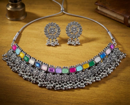 JFL - Jewellery for Less Oxidized German Silver Choker Necklace Set with Earrings – Heavy Floral Multicolor Stone Jewellery Set for Women & Girls, Traditional Bridal Ethnic Combo