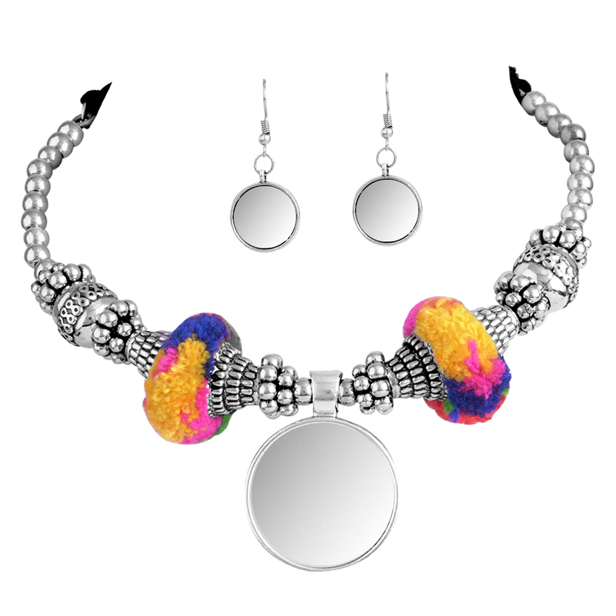 JFL - Jewellery for Less Combo Multicolor Oxidised Silver Plated Mirror Work,Pom-Pom and Ghungroo Necklace Set with Adjustable Bracelet Women & Girls.(Navratri Special)
