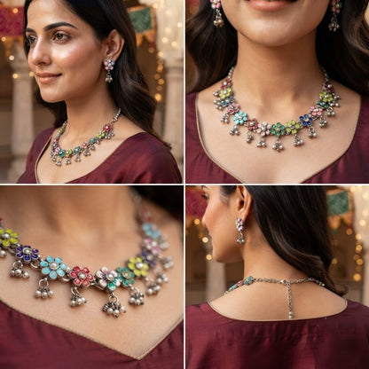 JFL - Jewellery for Less Oxidized German Silver Flower Necklace Set with Earrings – Multicolor Stone Choker Jewellery Set for Women & Girls, Traditional Ethnic Antique Silver Combo