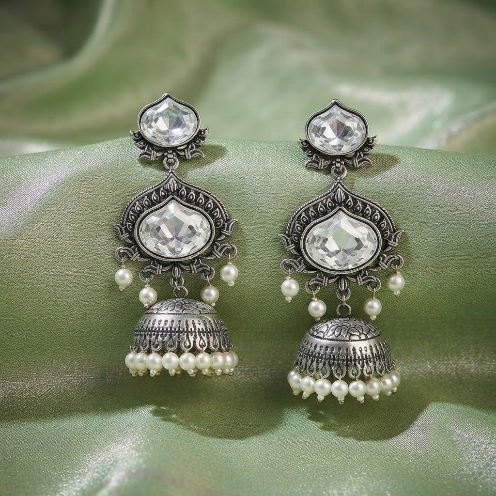 JFL - Jewellery for Less Oxidized Silver-Toned Jhumka Earrings with White Stone and Pearl Drops – Traditional Ethnic Jewellery for Women