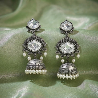 JFL - Jewellery for Less Oxidized Silver-Toned Jhumka Earrings with White Stone and Pearl Drops – Traditional Ethnic Jewellery for Women