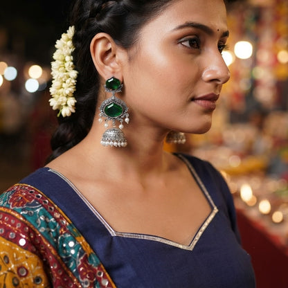 JFL - Jewellery for Less Oxidized Silver-Toned Jhumka Earrings with Green Stone and Pearl Drops – Traditional Ethnic Jewellery for Women