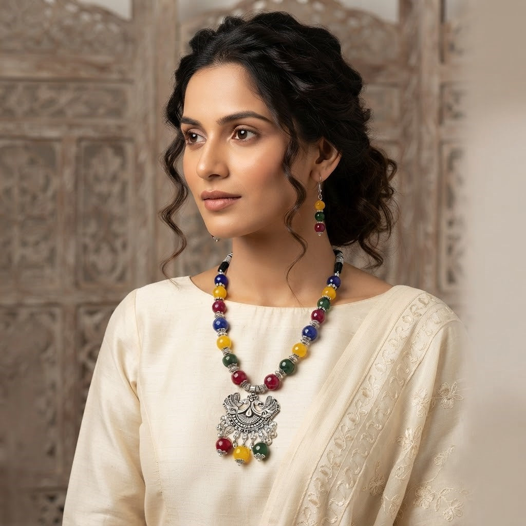 JFL - Jewellery for Less Oxidized German Silver Peacock Pendant Multicolour Beaded Necklace with Earrings Set for Women & Girls | Navratri Special Ethnic Jewellery Set