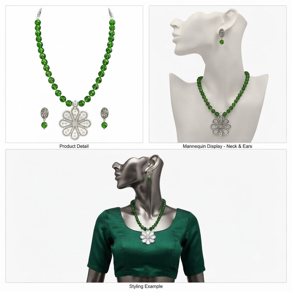 JFL - Jewellery for Less Oxidized Silver Floral Pendant Green Beaded Necklace Earrings Set for Women – Navratri Special Traditional Jewellery Set