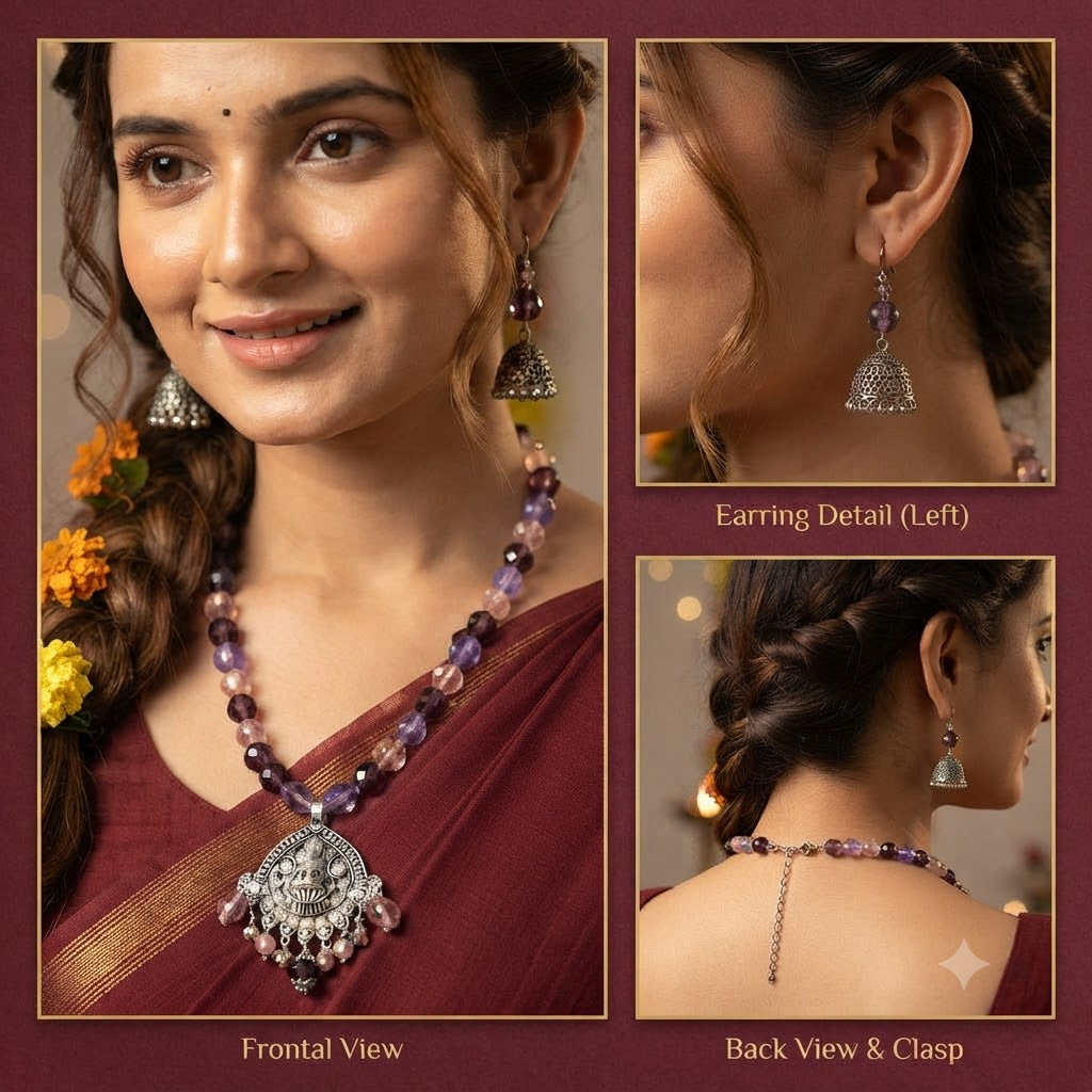 JFL - Jewellery for Less Oxidized Silver Lakshmi Pendant Beaded Necklace Earrings Set – Purple Lavender Peach Crystal Beads Jhumka Earring Jewellery Set for Women & Girls