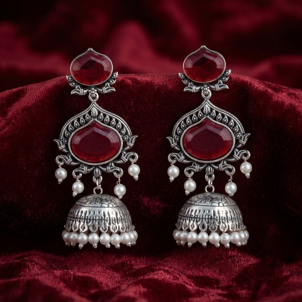 JFL - Jewellery for Less Oxidized Silver-Toned Jhumka Earrings with Maroon Stone and Pearl Drops – Traditional Ethnic Jewellery for Women