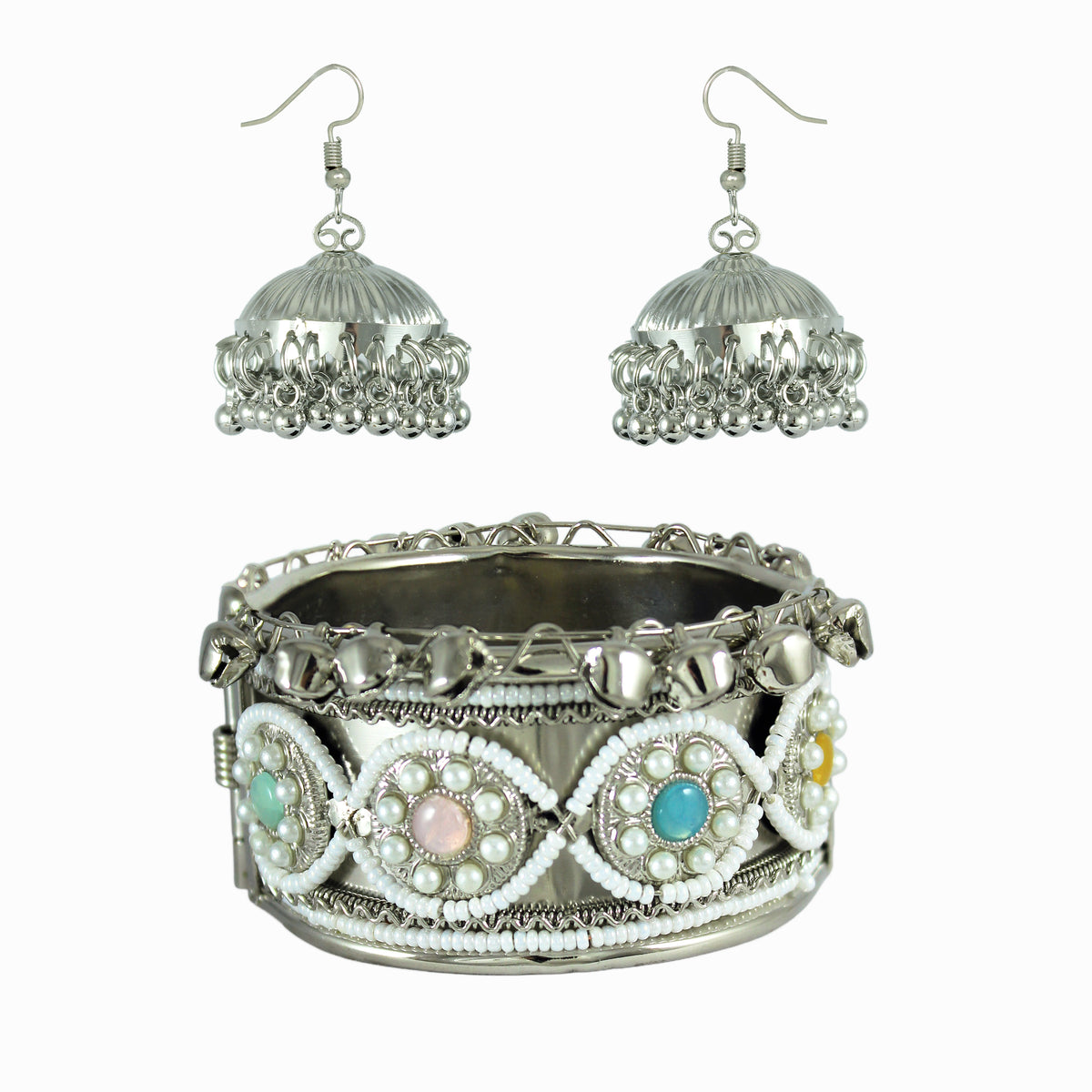 JFL - Jewellery for Less Oxidised Silver-Plated Kada & Earrings Combo for Women & Girls – Antique Finish with White Beads,Multi Stones & Shell-Inspired Danglers – Ethnic Jewellery Set for Navratri