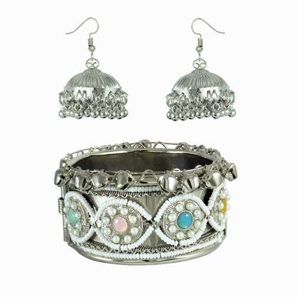 JFL - Jewellery for Less Oxidised Silver-Plated Kada & Earrings Combo for Women & Girls – Antique Finish with White Beads,Multi Stones & Shell-Inspired Danglers – Ethnic Jewellery Set for Navratri