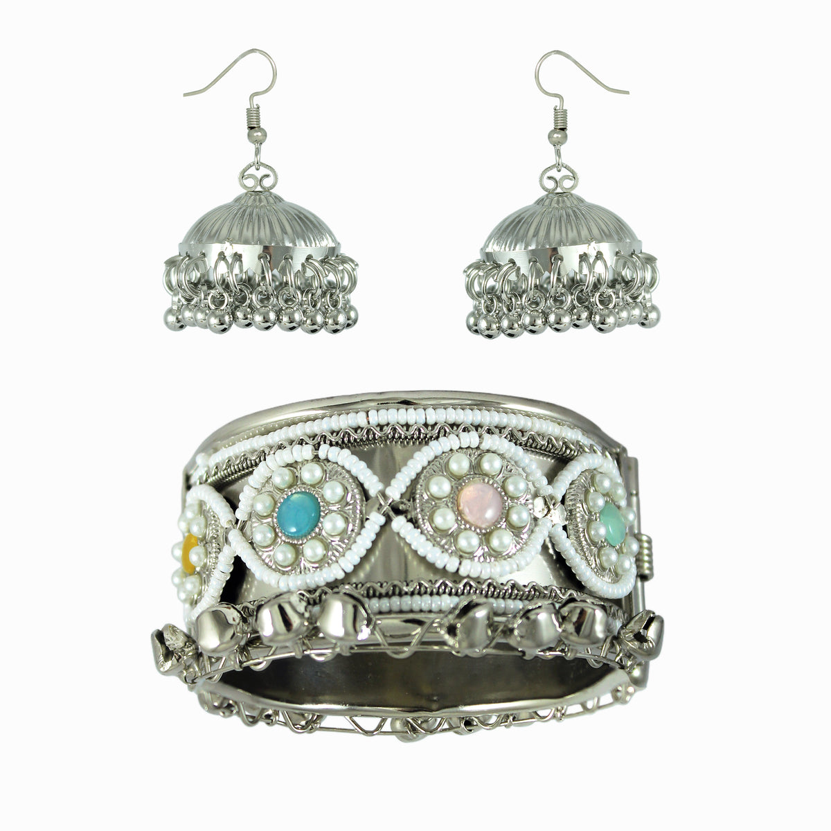 JFL - Jewellery for Less Oxidised Silver-Plated Kada & Earrings Combo for Women & Girls – Antique Finish with White Beads,Multi Stones & Shell-Inspired Danglers – Ethnic Jewellery Set for Navratri