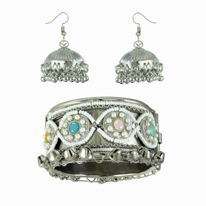 JFL - Jewellery for Less Oxidised Silver-Plated Kada & Earrings Combo for Women & Girls – Antique Finish with White Beads,Multi Stones & Shell-Inspired Danglers – Ethnic Jewellery Set for Navratri