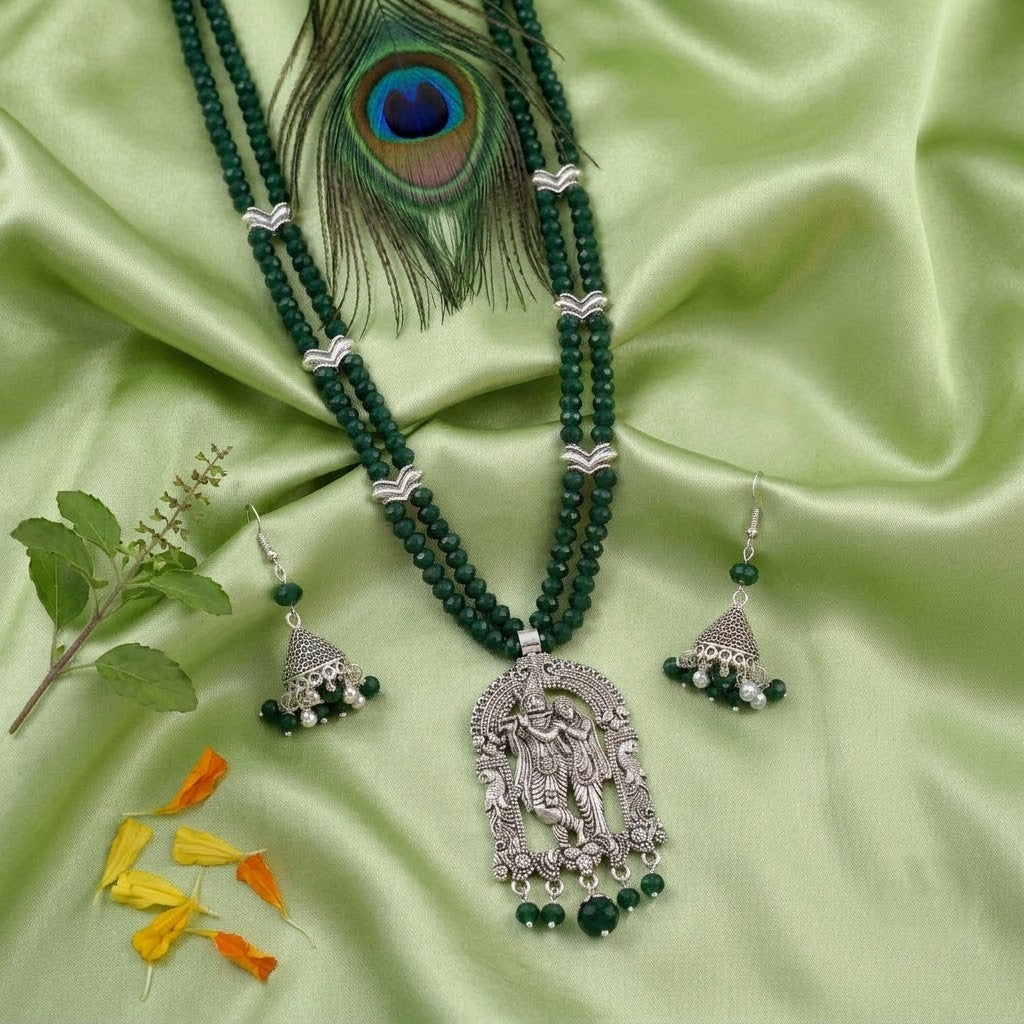 JFL - Jewellery for Less Oxidized German Silver Radha Krishna Pendant Necklace Set with Jhumka Earrings for Women | Dark Green Beaded Traditional Ethnic Jewellery Set | Navratri Festive