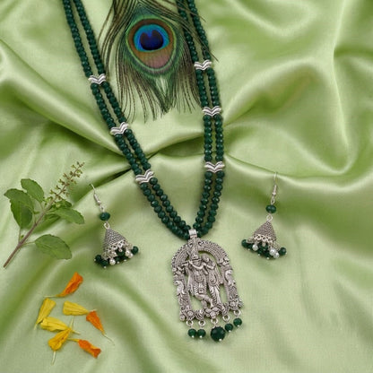 JFL - Jewellery for Less Oxidized German Silver Radha Krishna Pendant Necklace Set with Jhumka Earrings for Women | Dark Green Beaded Traditional Ethnic Jewellery Set | Navratri Festive