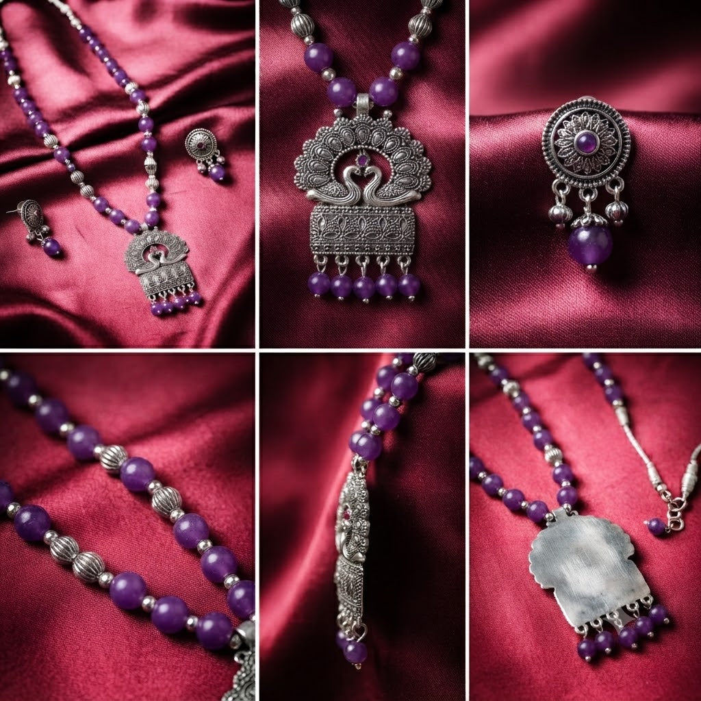 JFL - Jewellery for Less Oxidized German Silver Purple Beads Peacock Pendant Necklace with Earrings Set for Women | Antique Silver Floral Design Jewellery Set | Navratri Special Traditional Jewellery