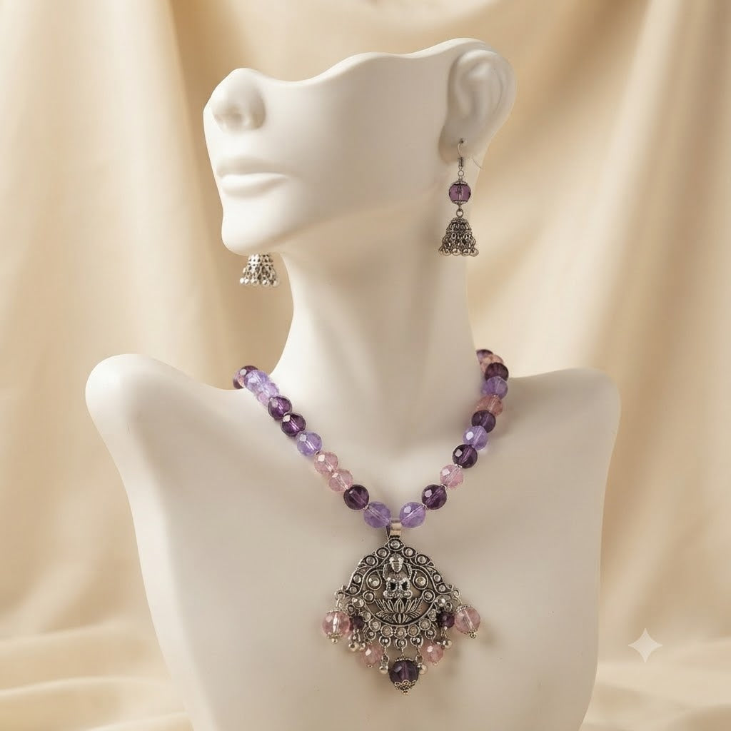 JFL - Jewellery for Less Oxidized Silver Lakshmi Pendant Beaded Necklace Earrings Set – Purple Lavender Peach Crystal Beads Jhumka Earring Jewellery Set for Women & Girls