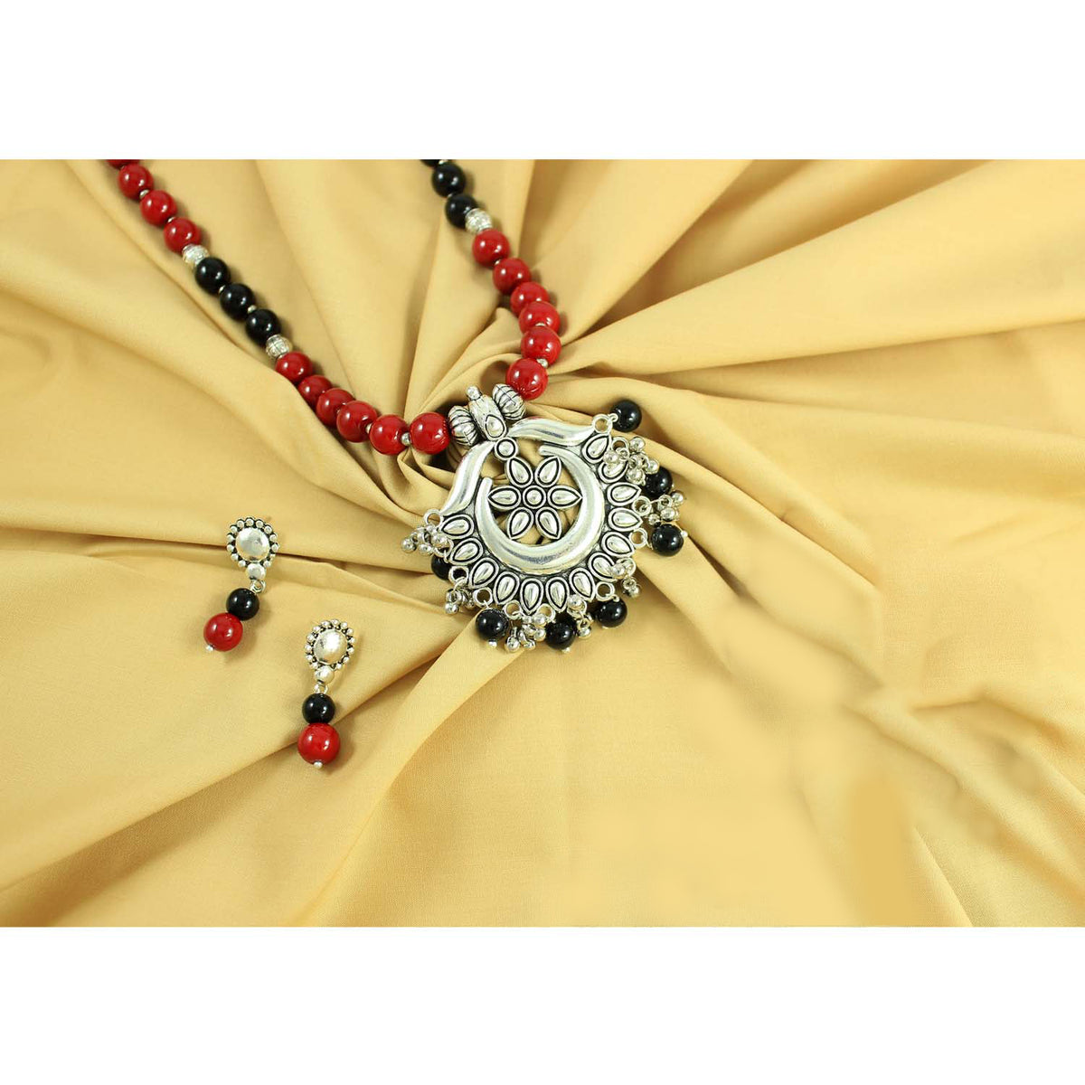 JFL – Jewellery for Less"Oxidised Silver Pendant Set with Maroon-Black Beads | Traditional Necklace & Jhumka Earrings Combo for Women & Girls | Navratri, Garba