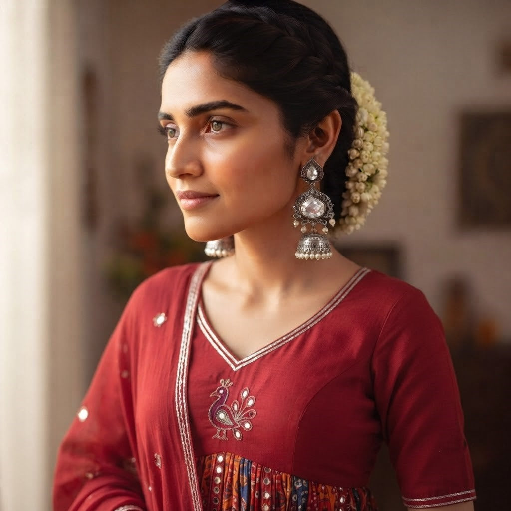 JFL - Jewellery for Less Oxidized Silver-Toned Jhumka Earrings with White Stone and Pearl Drops – Traditional Ethnic Jewellery for Women